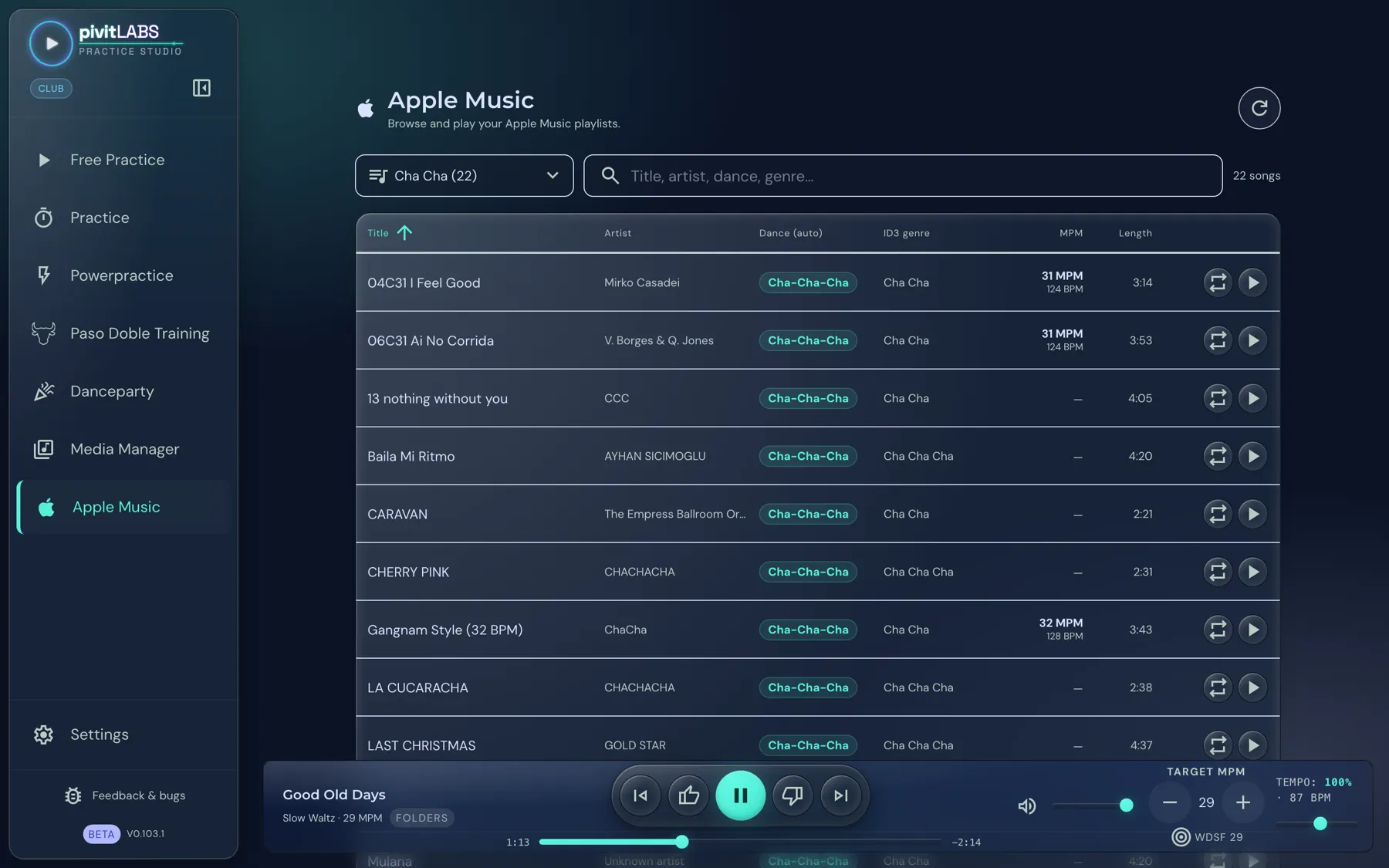 The Apple Music browser with playlist selection, search and the list of songs, each with dance, genre, tempo and length