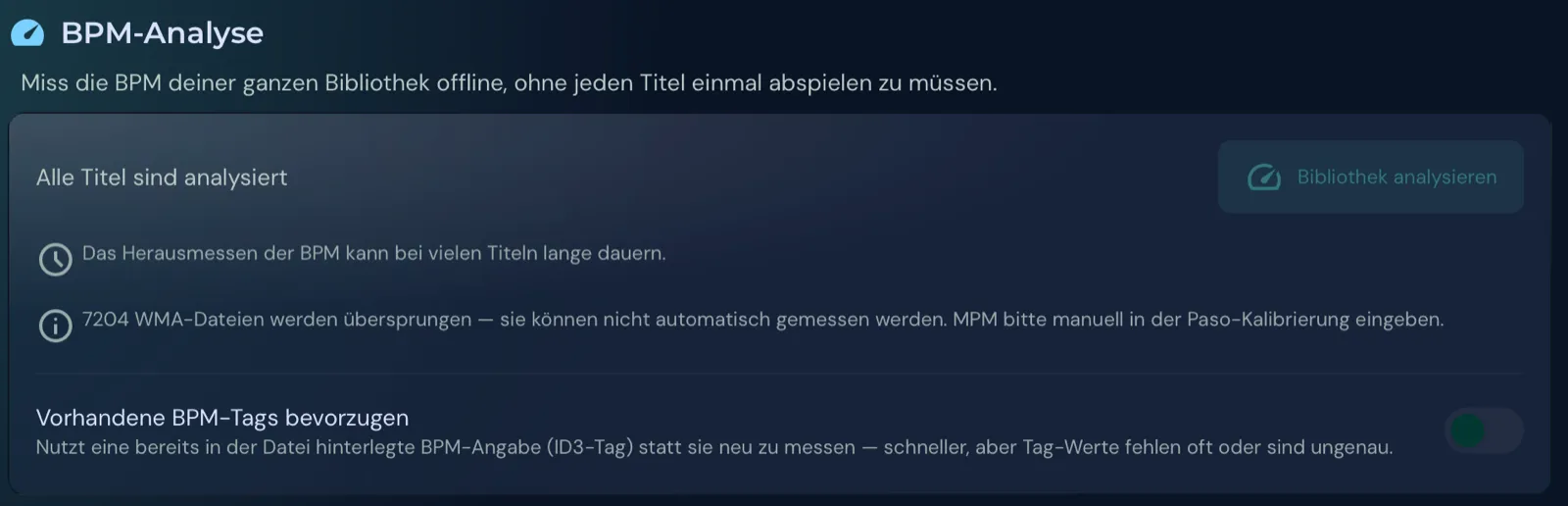 Die Seite BPM Analyse mit dem Knopf Bibliothek analysieren, dem Hinweis zu WMA-Dateien und dem Schalter Vorhandene BPM-Tags bevorzugen