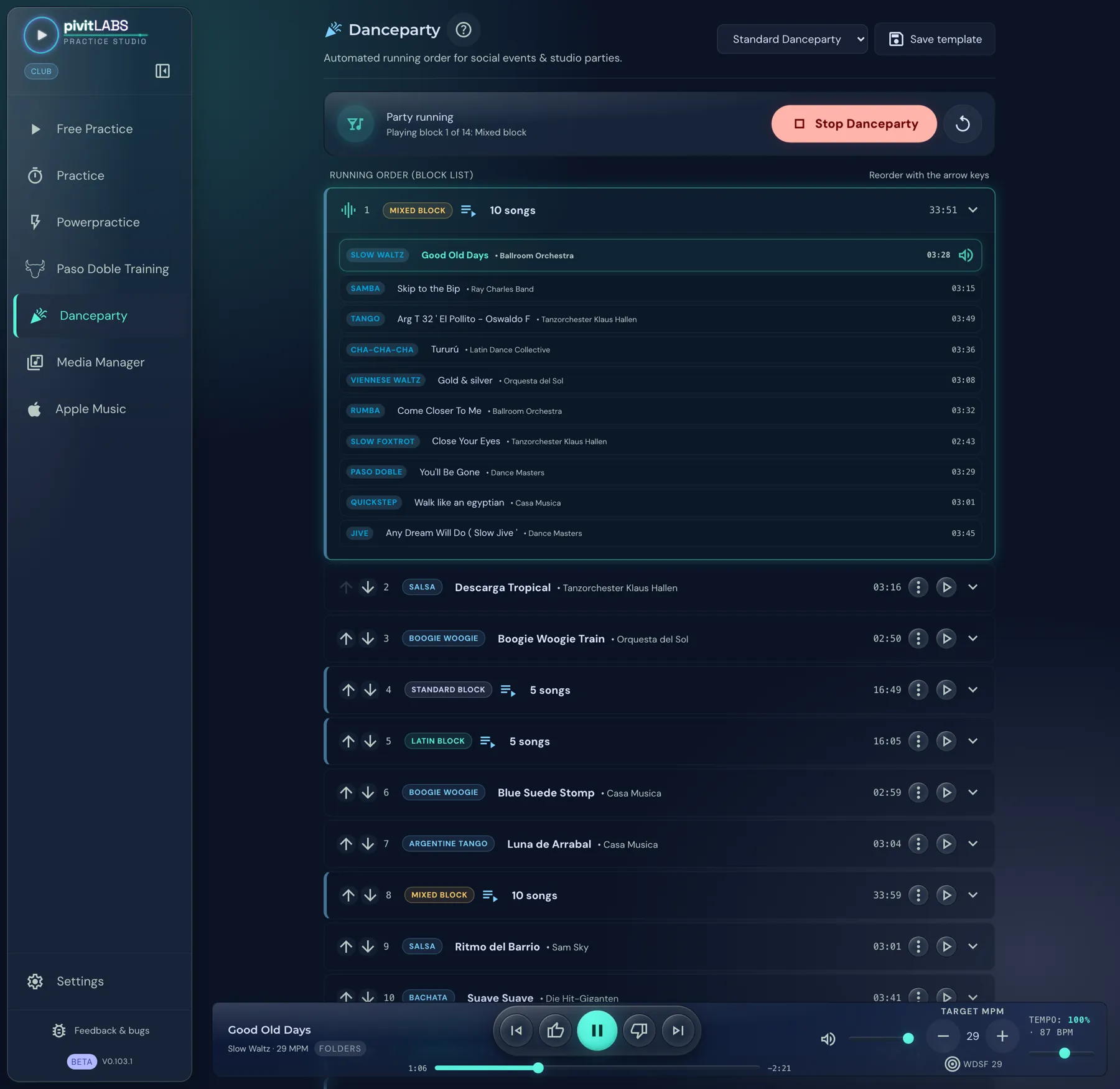 Danceparty with the standard template running: the status at the top, the block list with 14 blocks below, and appending more blocks at the bottom
