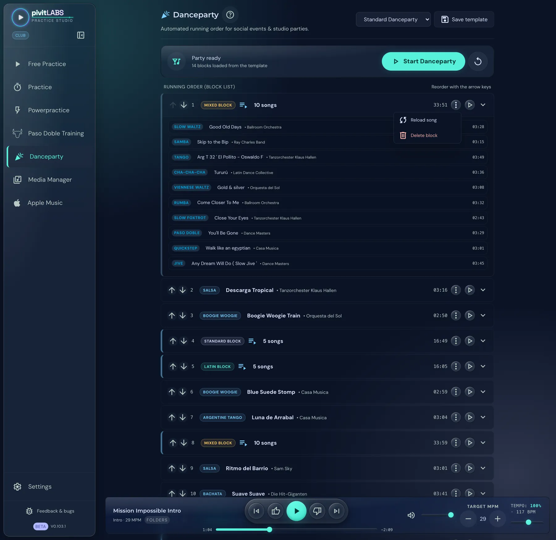 The expanded Mixed block with its ten songs and the menu with Reload song and Delete block