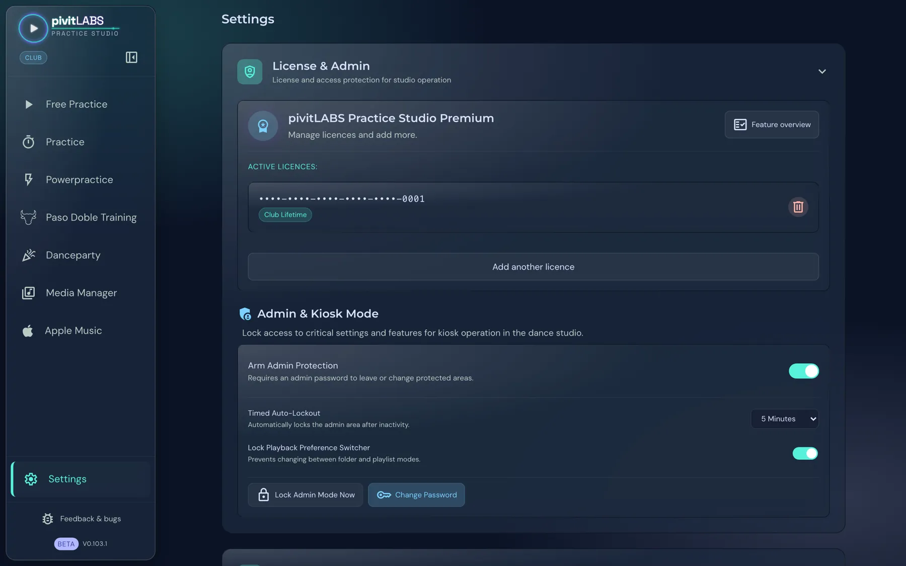 Admin and Kiosk mode with auto-lockout, lock playback preference and the buttons to lock and change the password