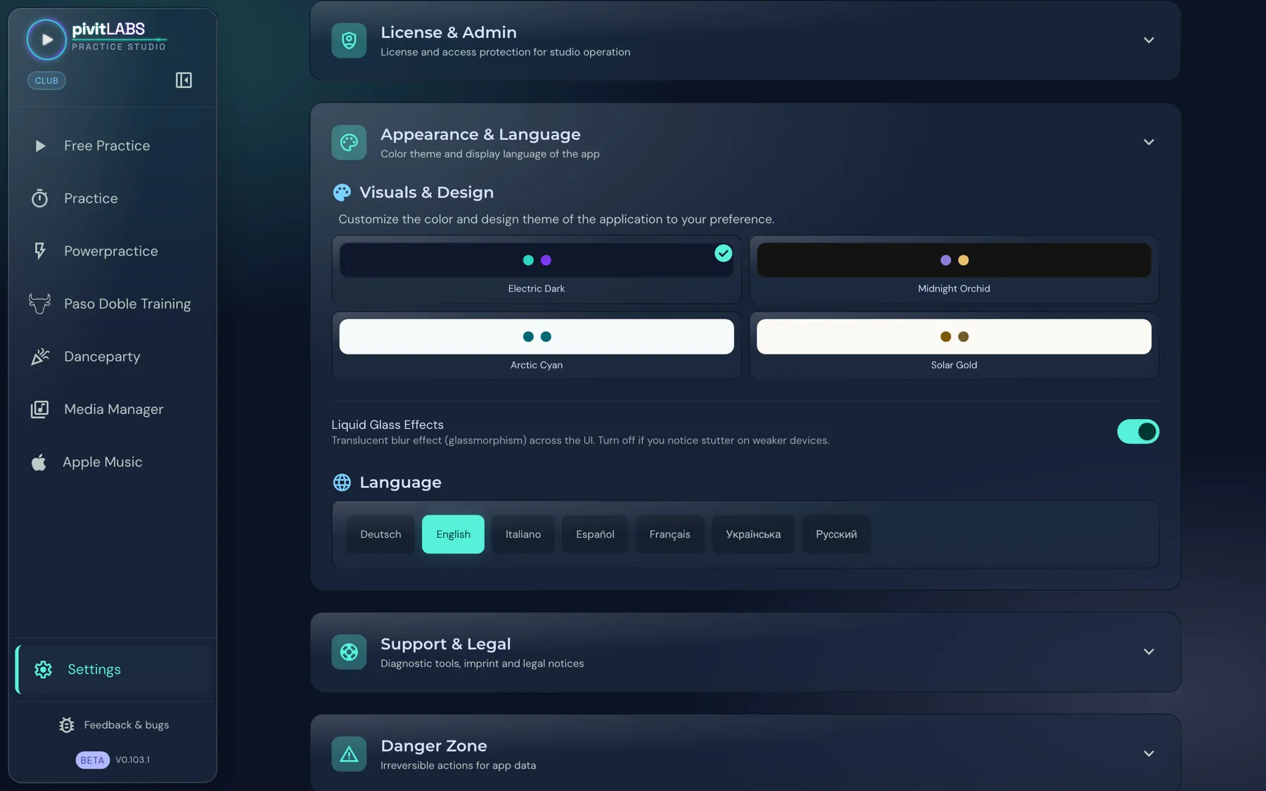 The Appearance and Language area with four colour schemes, the switch for Liquid Glass effects and the language selection