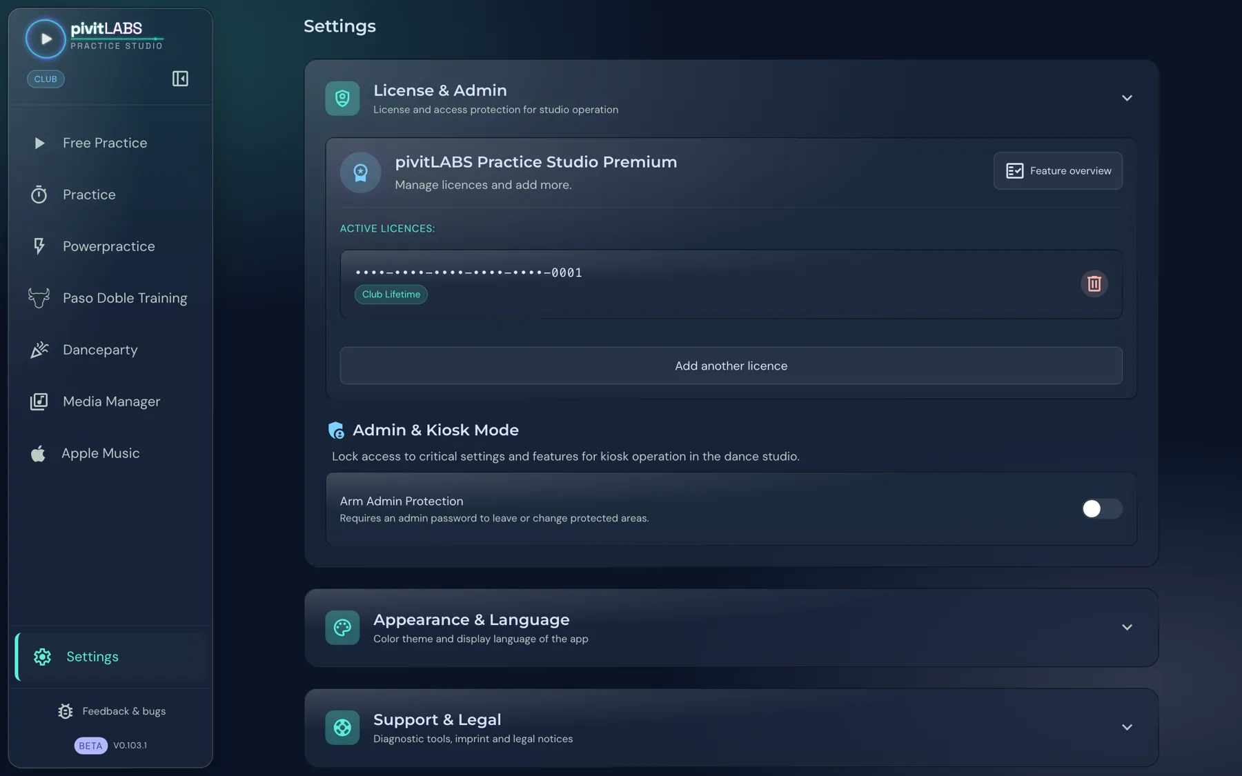 The License and Admin area with licence management and the switch for admin protection
