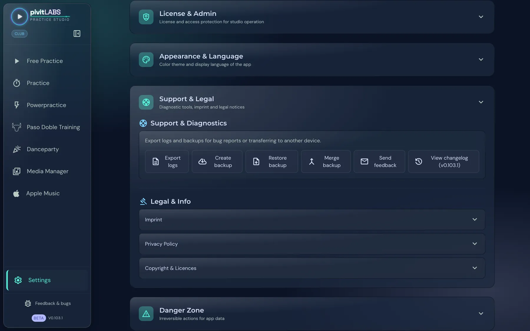 The Support and Legal area with the buttons for logs, backup, feedback and changelog, plus imprint, privacy policy and copyright