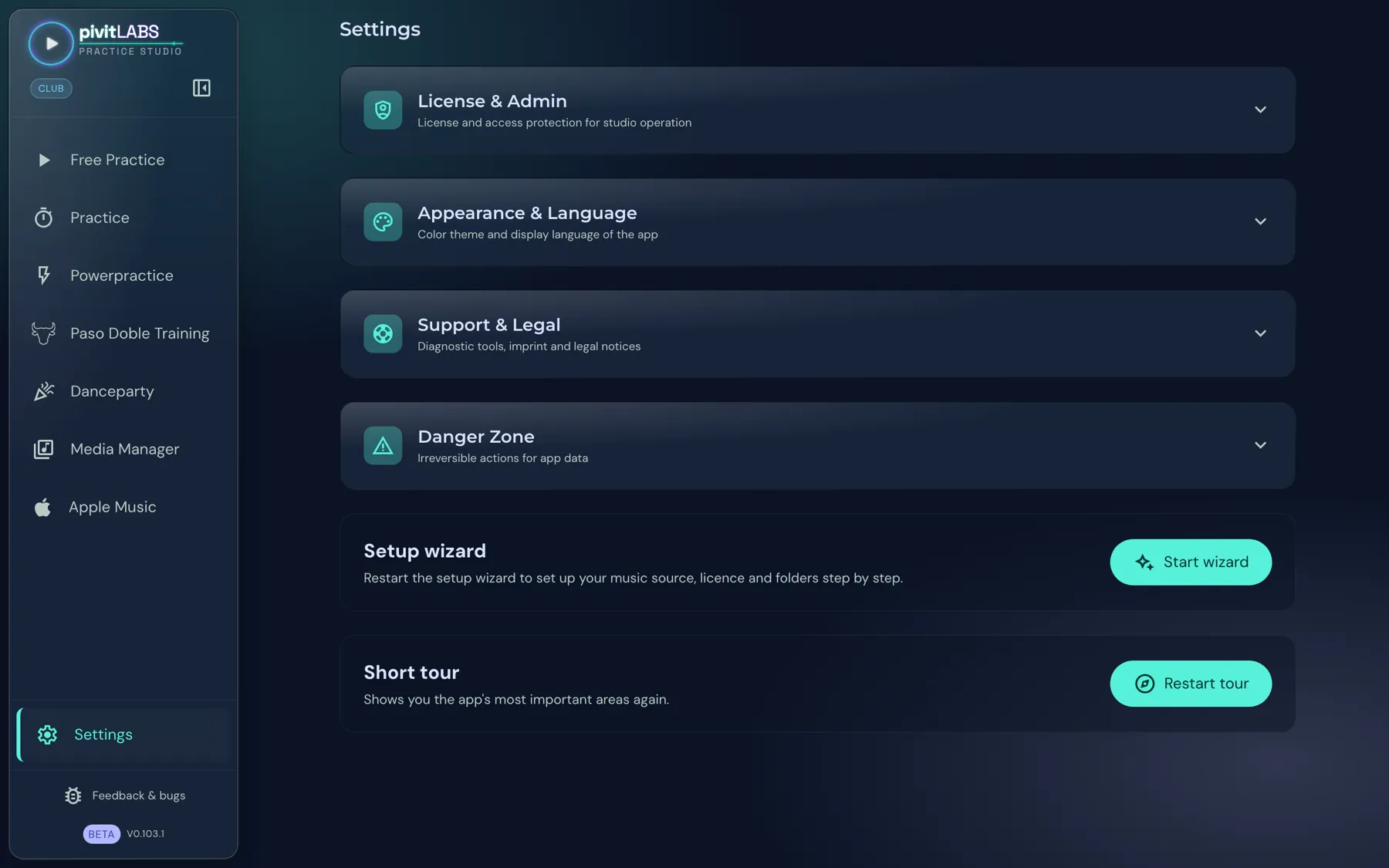 The settings with the four areas License & Admin, Appearance & Language, Support & Legal and Danger Zone