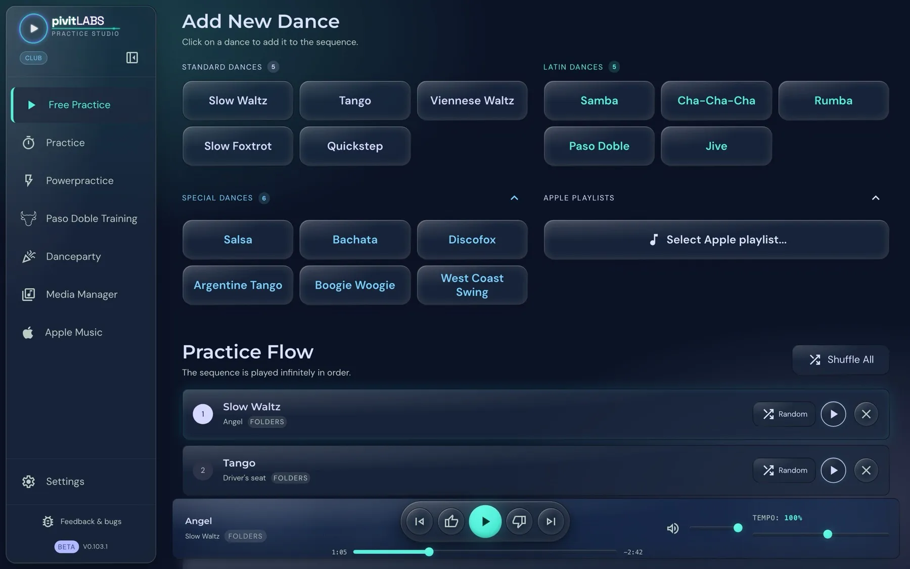 Free Practice with the special dances expanded and the selection for Apple playlists
