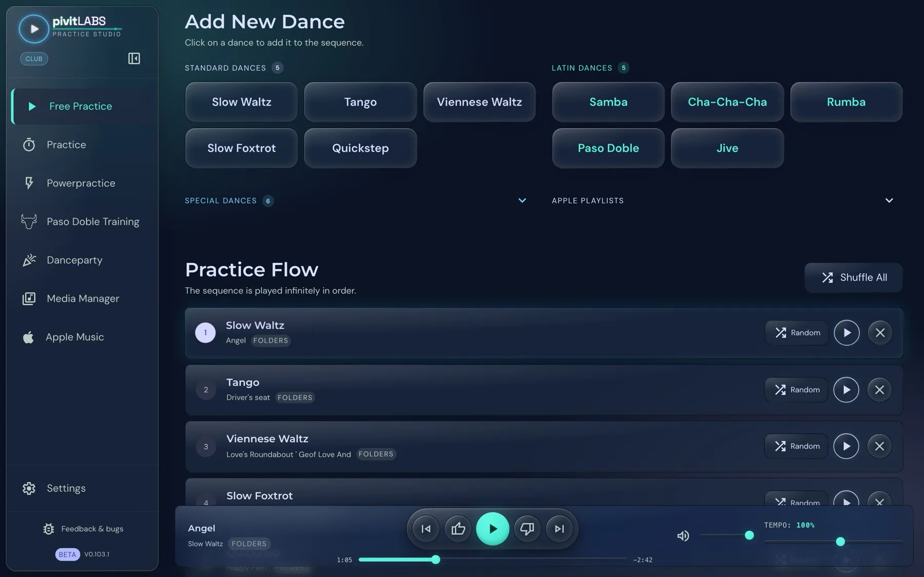 Free Practice: choose dances at the top, the practice flow below, the player bar at the bottom