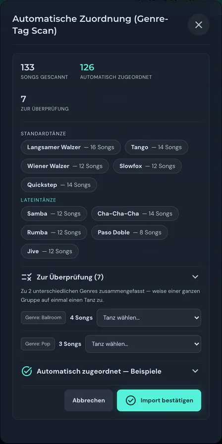 Scan-Ergebnis: 133 Songs gescannt, 126 automatisch zugeordnet, 7 zur Überprüfung in zwei Gruppen Ballroom und Pop