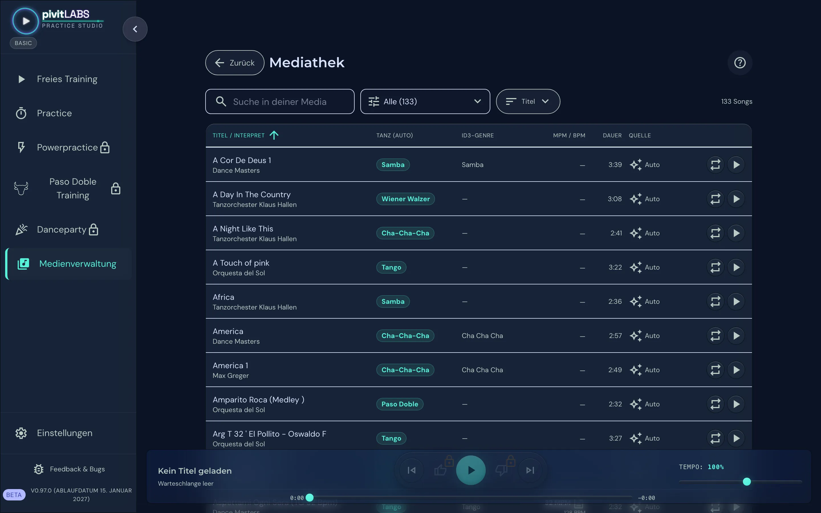 Mediathek mit 133 Songs, jeweils mit Tanz, Genre, Dauer und Quelle