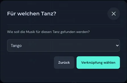 Fenster Für welchen Tanz? mit Auswahl Tango und Knopf Verknüpfung wählen