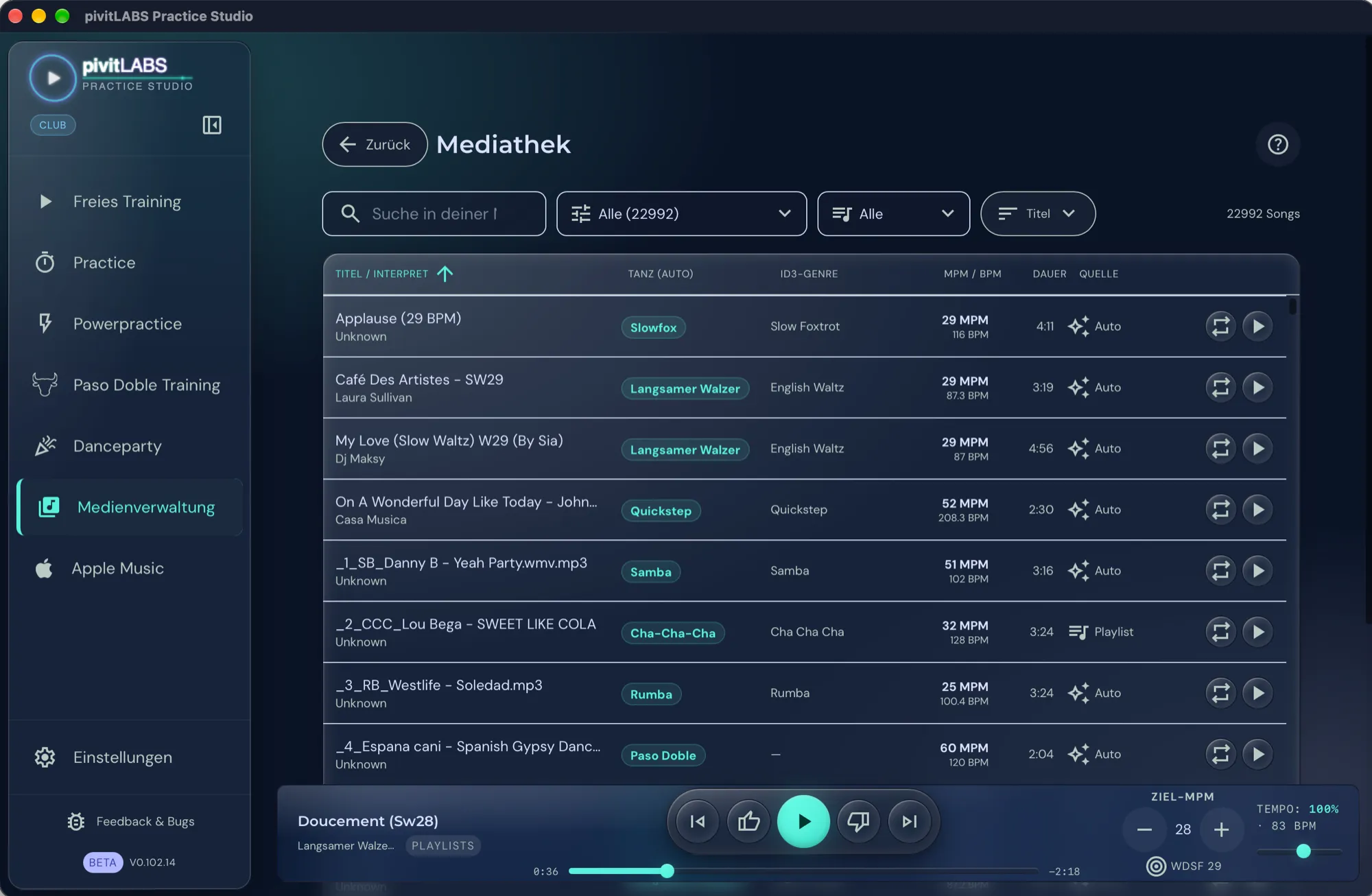 Die Mediathek mit Suche, Filtern und der Liste der Songs, jeweils mit Tanz, Genre, Tempo, Dauer und Quelle