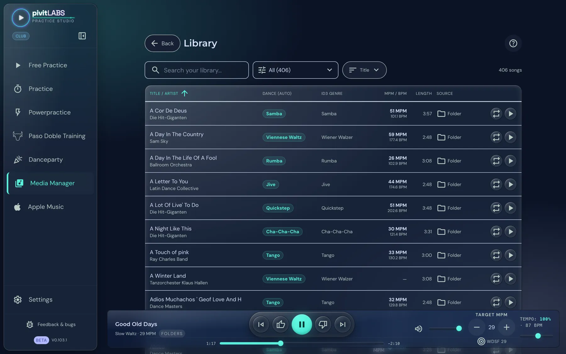 The Library with search, filters and the list of songs, each with dance, genre, tempo, length and source
