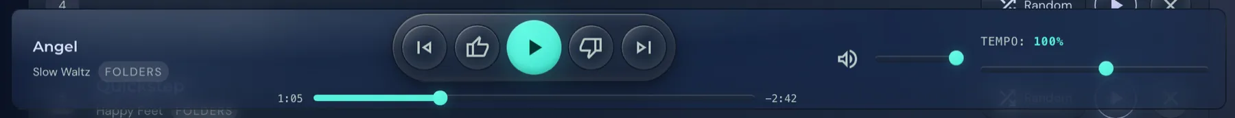 The player bar with song info on the left, controls in the middle and volume, target MPM and tempo on the right