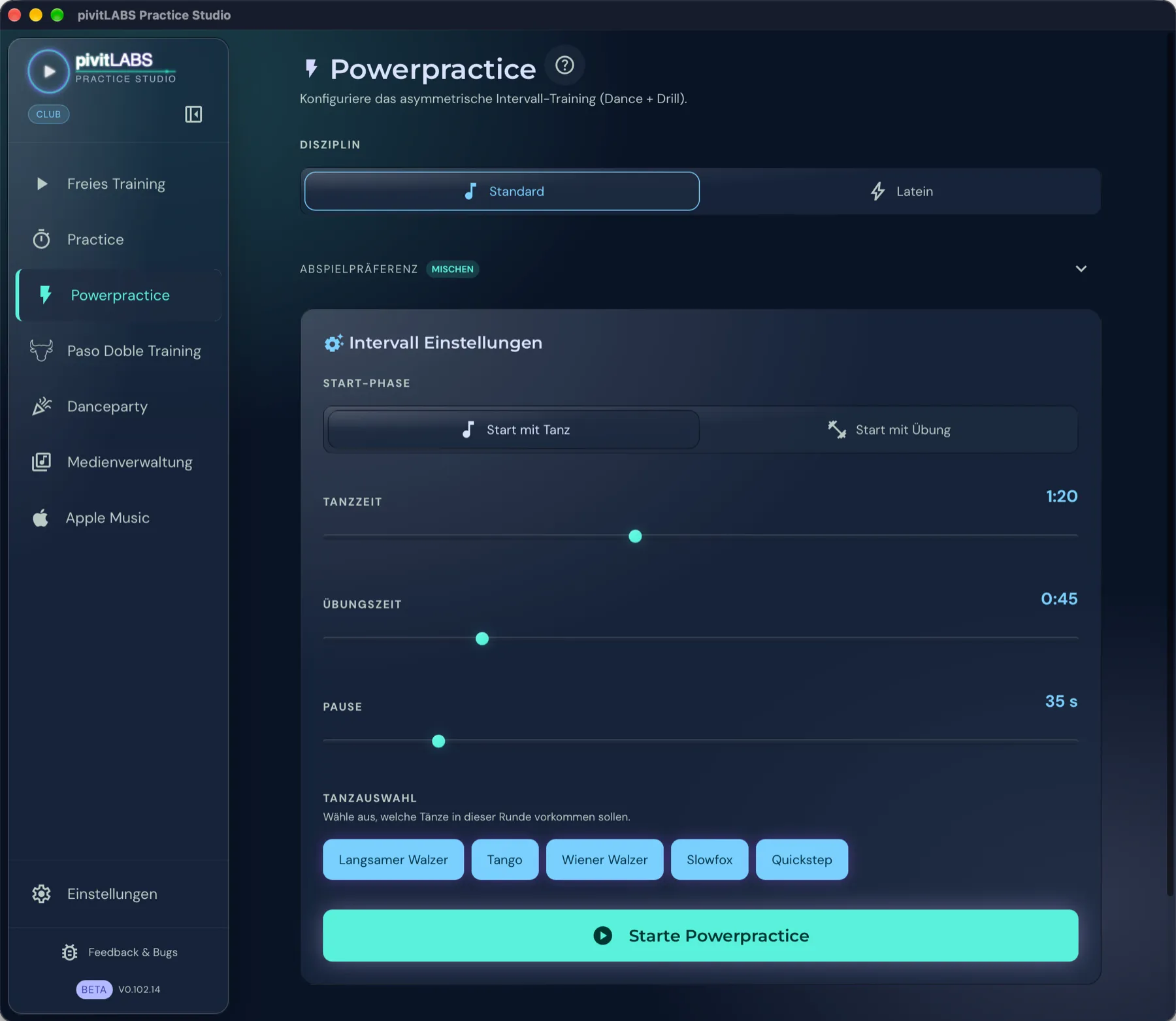 Die Einstellungen von Powerpractice: Disziplin, Start-Phase, Tanzzeit, Übungszeit, Pause und Tanzauswahl