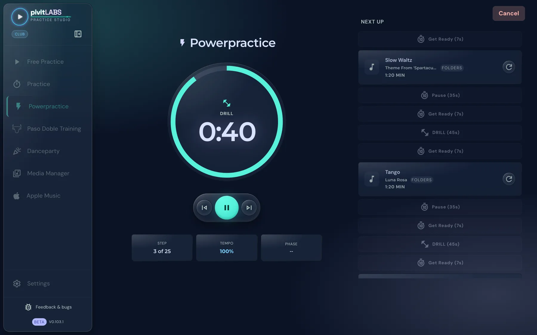 The Powerpractice player: time ring with the drill phase and the remaining time, the controls below it and the “Next up” list on the right