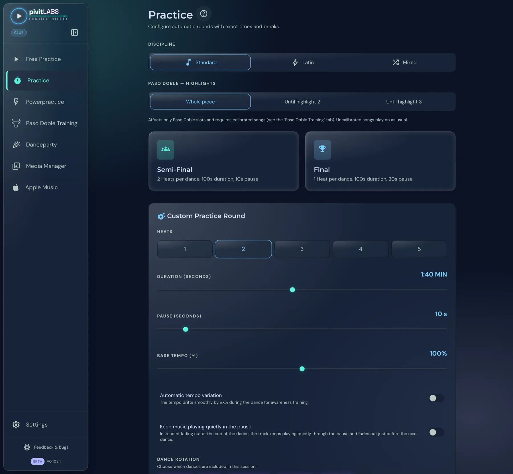 The Practice settings: discipline, Paso Doble highlights, Semi-Final and Final, below them the custom practice round