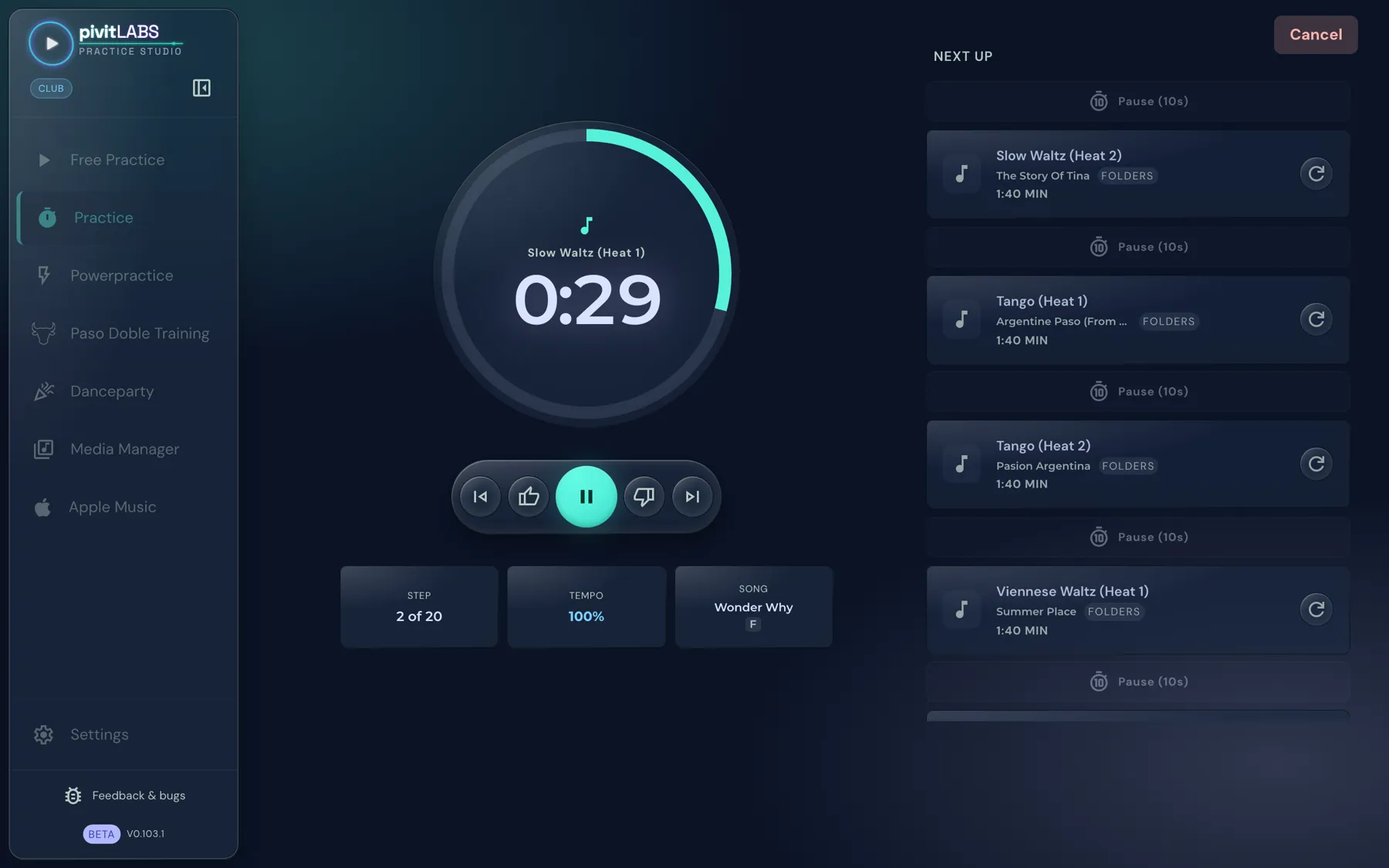 The Practice player: time ring with the remaining time, the controls below it and the “Next up” list on the right