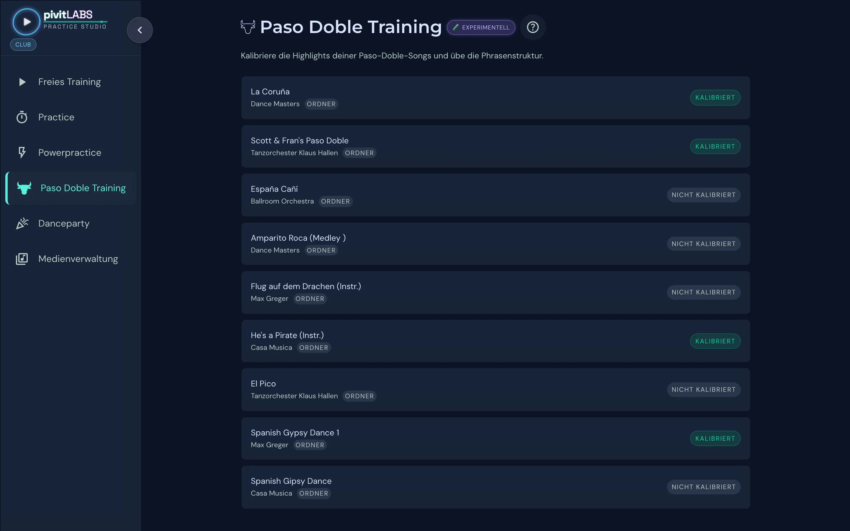 Liste der Paso-Doble-Songs, jeweils mit dem Hinweis kalibriert oder nicht kalibriert