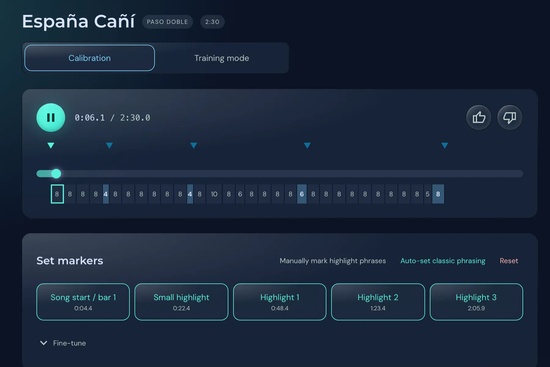 After tapping bar 1: ruler with phrases and blue suggestion markers for all highlights