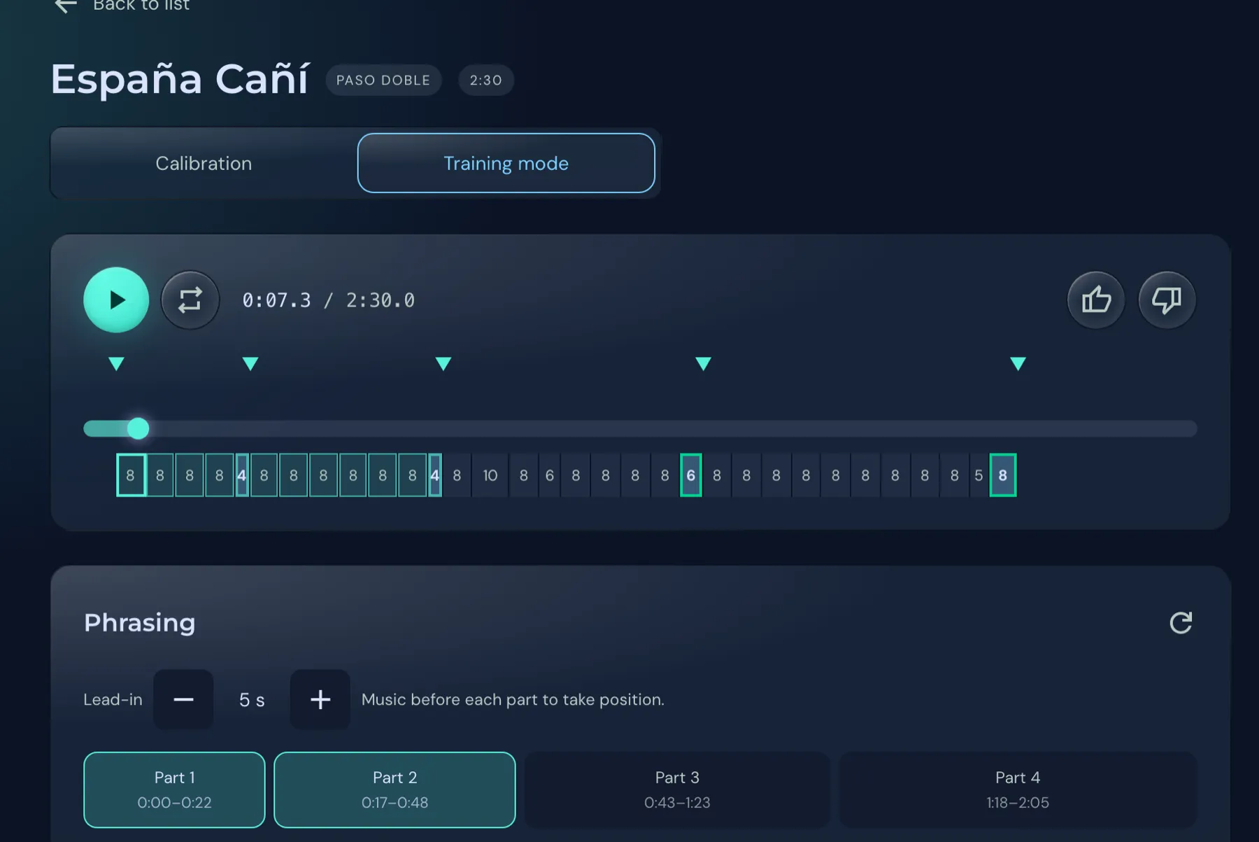 Training mode with the tiles part 1 and part 2 selected and a lead-in of 5 seconds