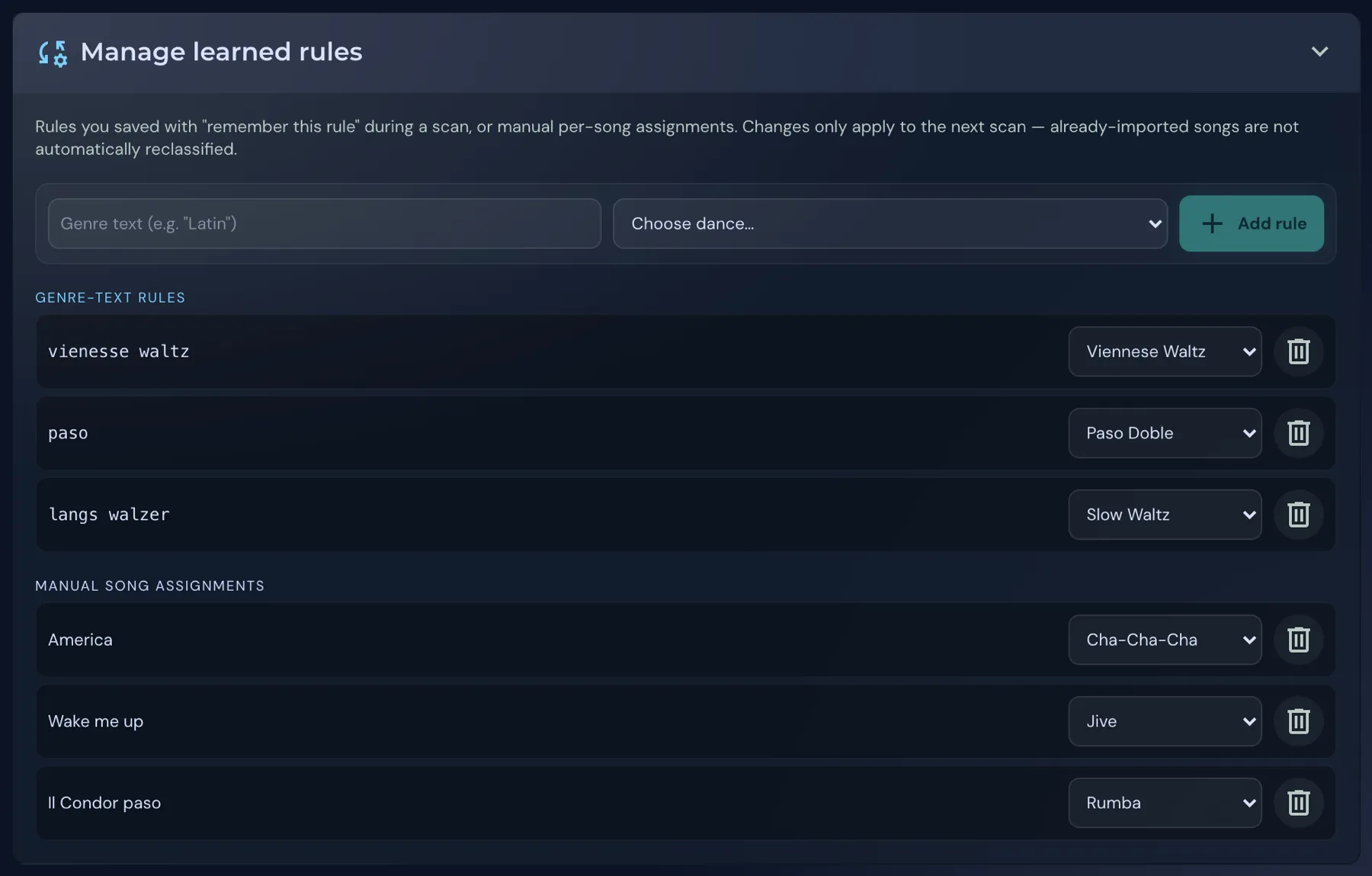 Learned rules: genre-text rules and manual song assignments with a selection field and a delete icon