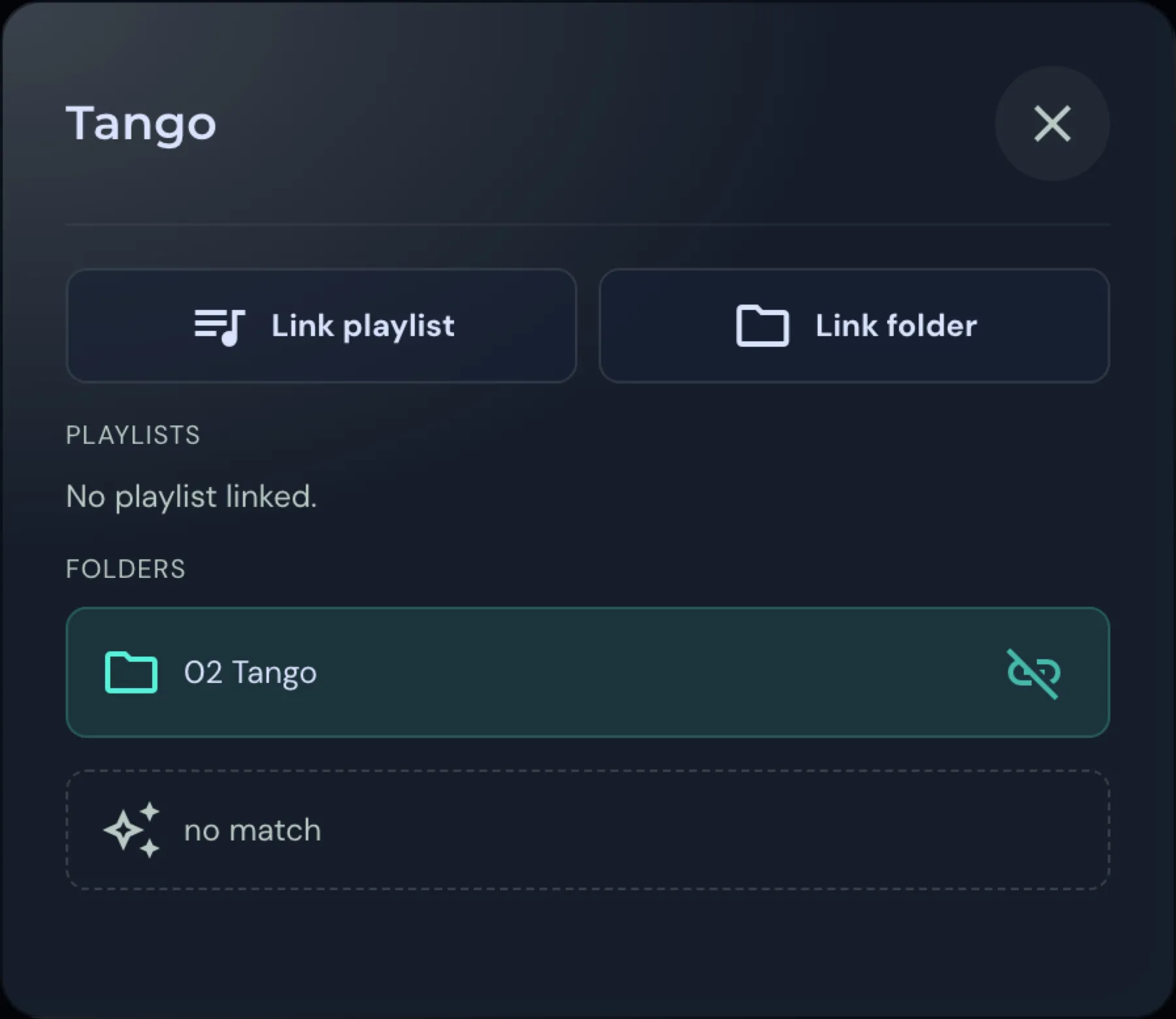 The window of a dance with the buttons Link playlist and Link folder, a linked folder and the auto scan result