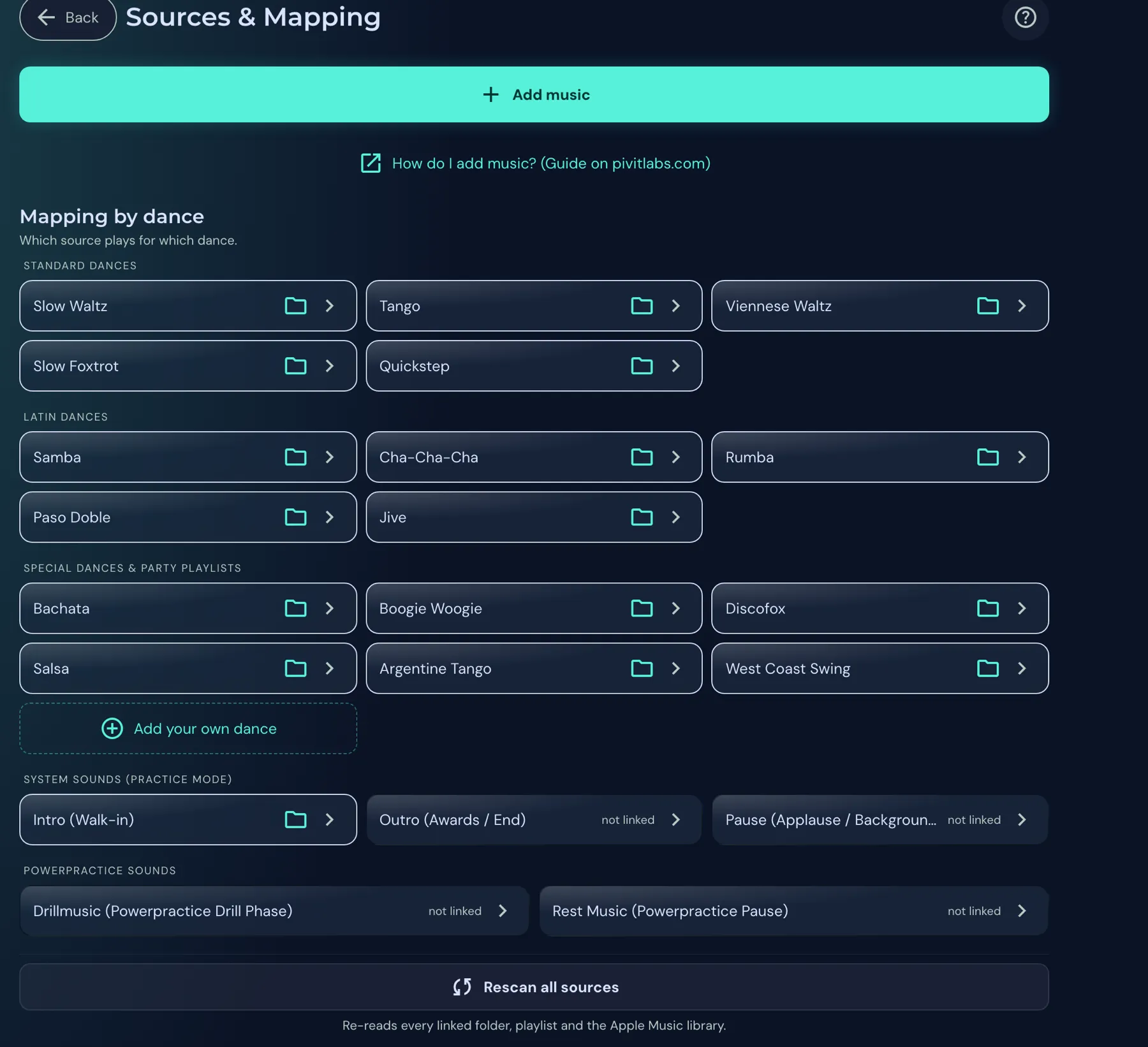 The Sources and Mapping page with the Add music button and all dances in groups